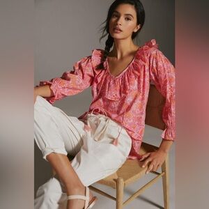 Anthropologie Mille May Pink Carnation Ruffle Top .